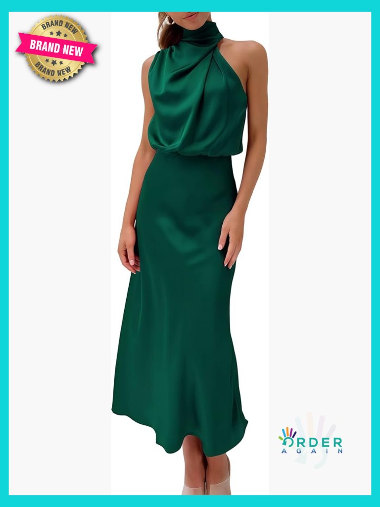 Satin Halter Maxi Dress Elegant Formal Zipper Back Cocktail Party